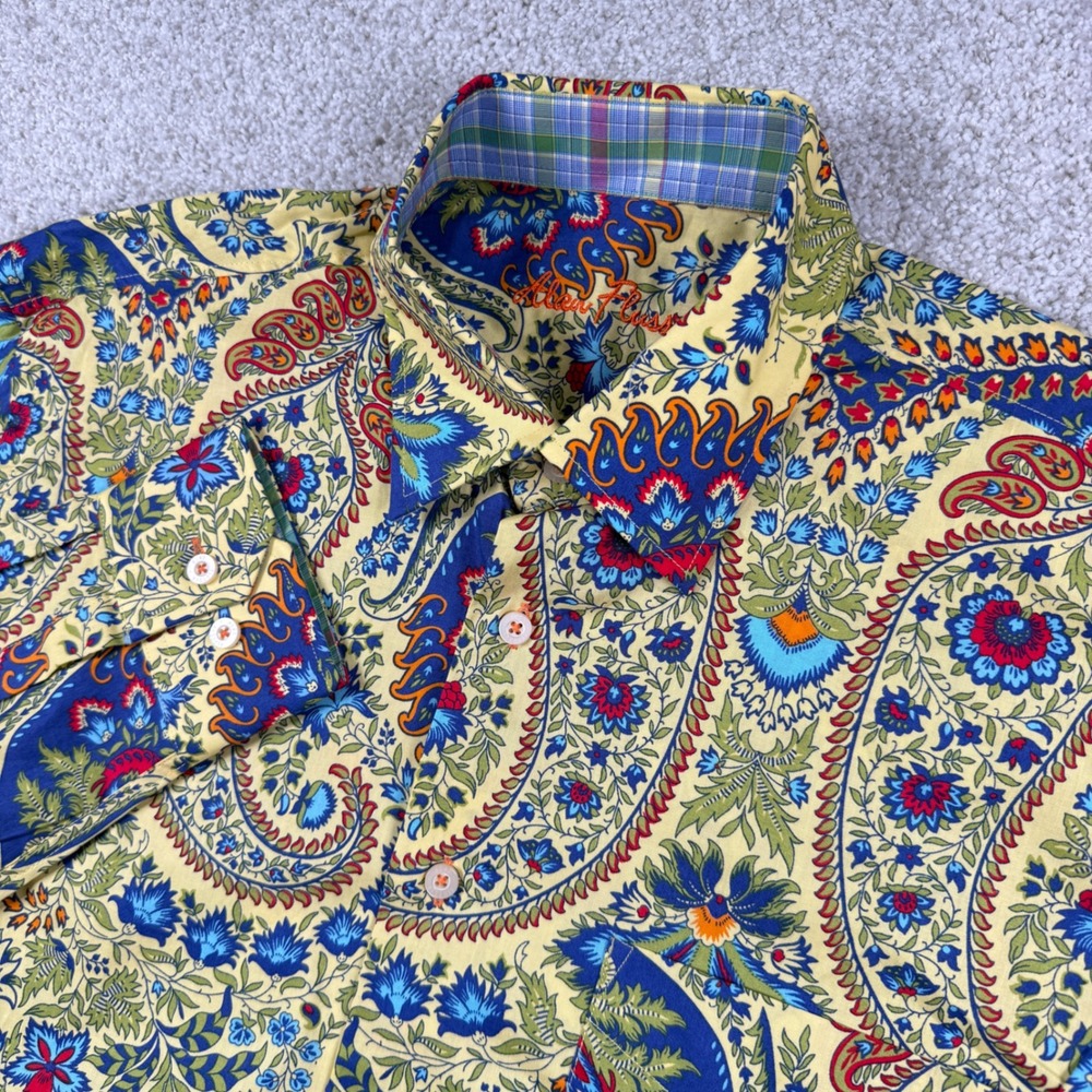 Alan Flusser Button Up Shirt Mens Med Yellow Paisley Floral Long Sleeve Cotton